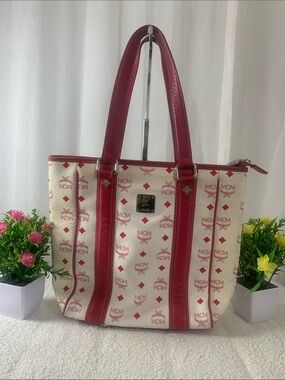 GUC MCM pink & white bistro coated canvas tote L 13” x H 11” x D 3”